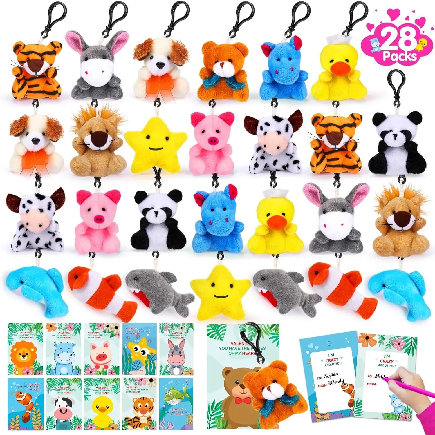 Gifts for Kids Girls Boys with Valentines Stuffed Animal Keychain Valentine Cards for Kids Classroom internationally Exchange Gifts Mini Animal Plush Toys Valentines Party Favor School Prizes 28 Packs Valentines Day 