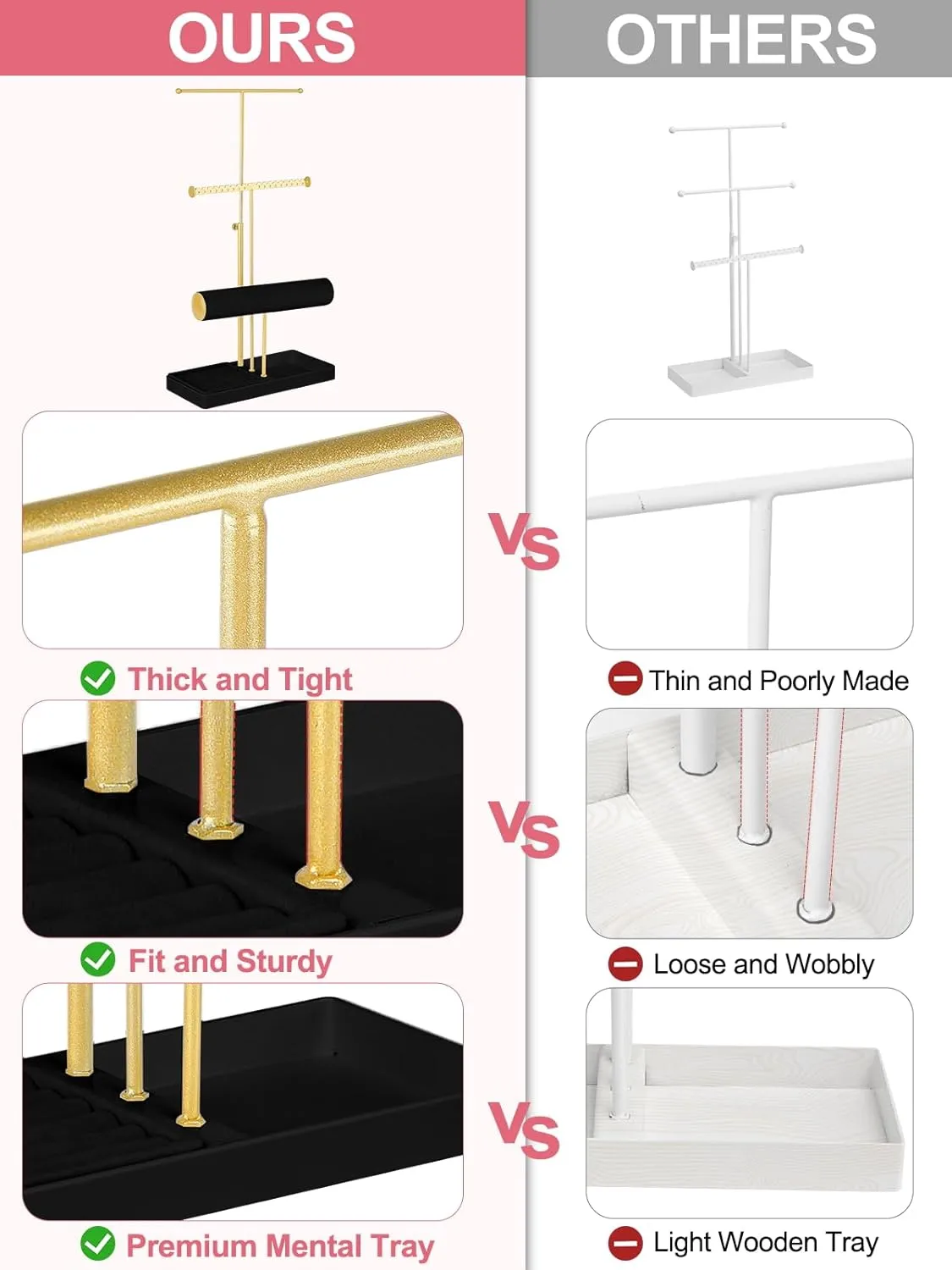 Girl Women Men Room/Dorm Decor-Black Jenseits Jewelry Organizer Holder Stand, 3 Tier Jewelry threat Organizers and Storage w/Bracelet Holder & Velvet Rings Tray, Cute Necklace Holder Hanger Towers Rack for 