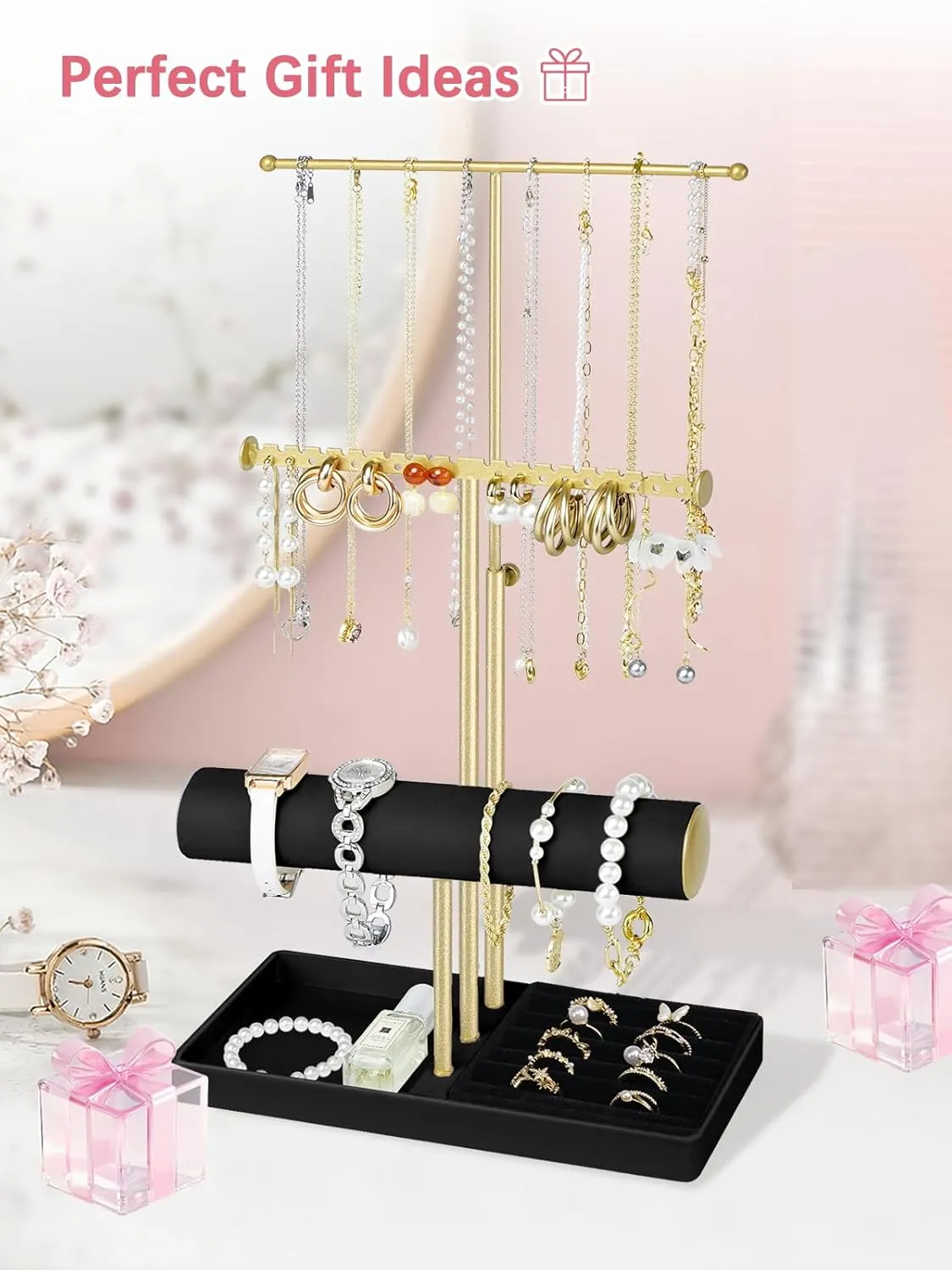 Girl Women Men Room/Dorm Decor-Black Jenseits Jewelry Organizer Holder Stand, 3 Tier Jewelry threat Organizers and Storage w/Bracelet Holder & Velvet Rings Tray, Cute Necklace Holder Hanger Towers Rack for 