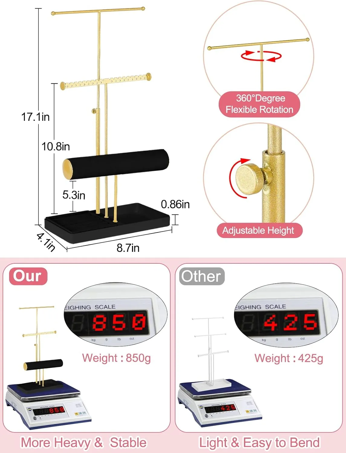 Girl Women Men Room/Dorm Decor-Black Jenseits Jewelry Organizer Holder Stand, 3 Tier Jewelry threat Organizers and Storage w/Bracelet Holder & Velvet Rings Tray, Cute Necklace Holder Hanger Towers Rack for 