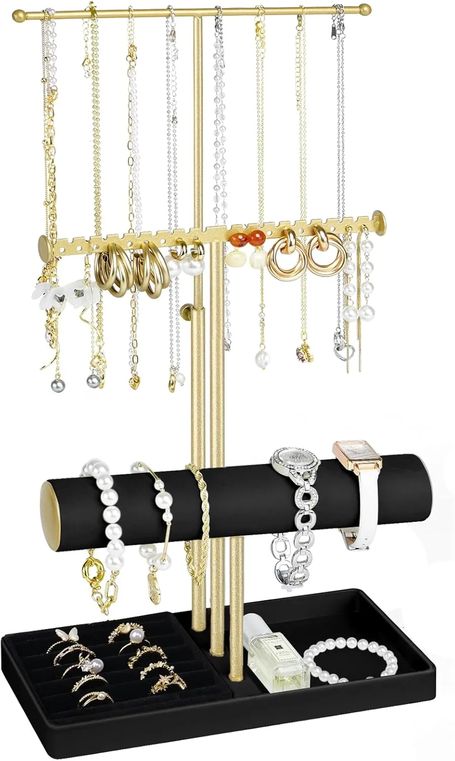 Girl Women Men Room/Dorm Decor-Black Jenseits Jewelry Organizer Holder Stand, 3 Tier Jewelry threat Organizers and Storage w/Bracelet Holder & Velvet Rings Tray, Cute Necklace Holder Hanger Towers Rack for 