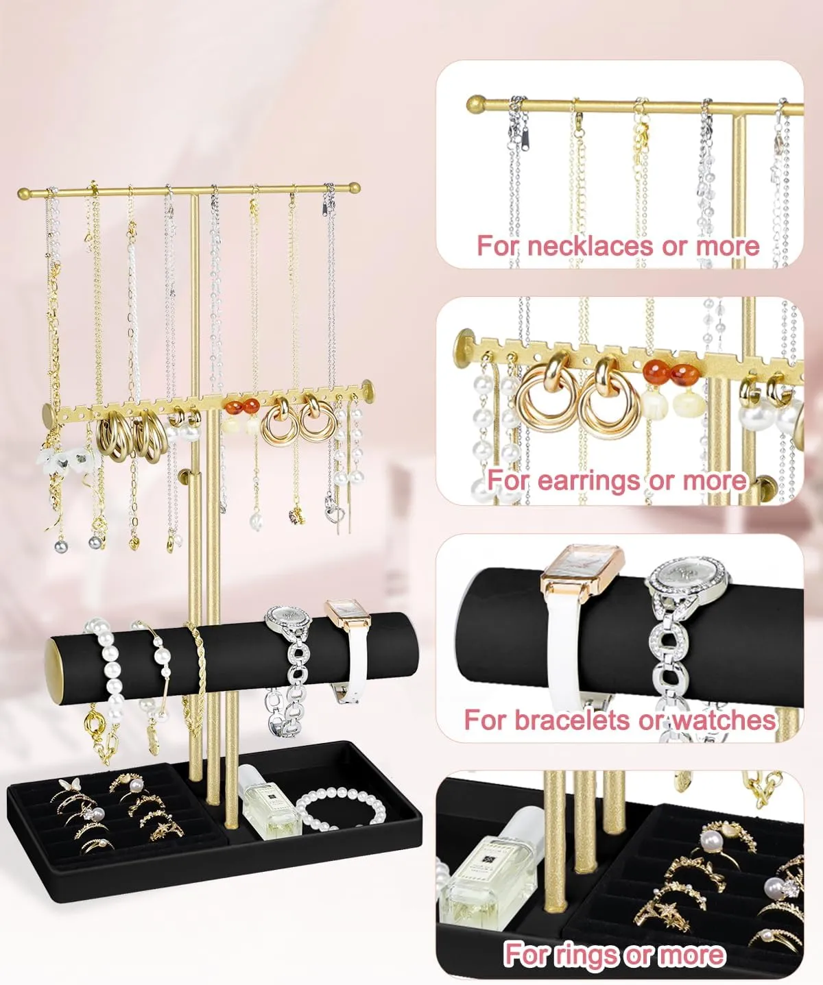 Girl Women Men Room/Dorm Decor-Black Jenseits Jewelry Organizer Holder Stand, 3 Tier Jewelry threat Organizers and Storage w/Bracelet Holder & Velvet Rings Tray, Cute Necklace Holder Hanger Towers Rack for 