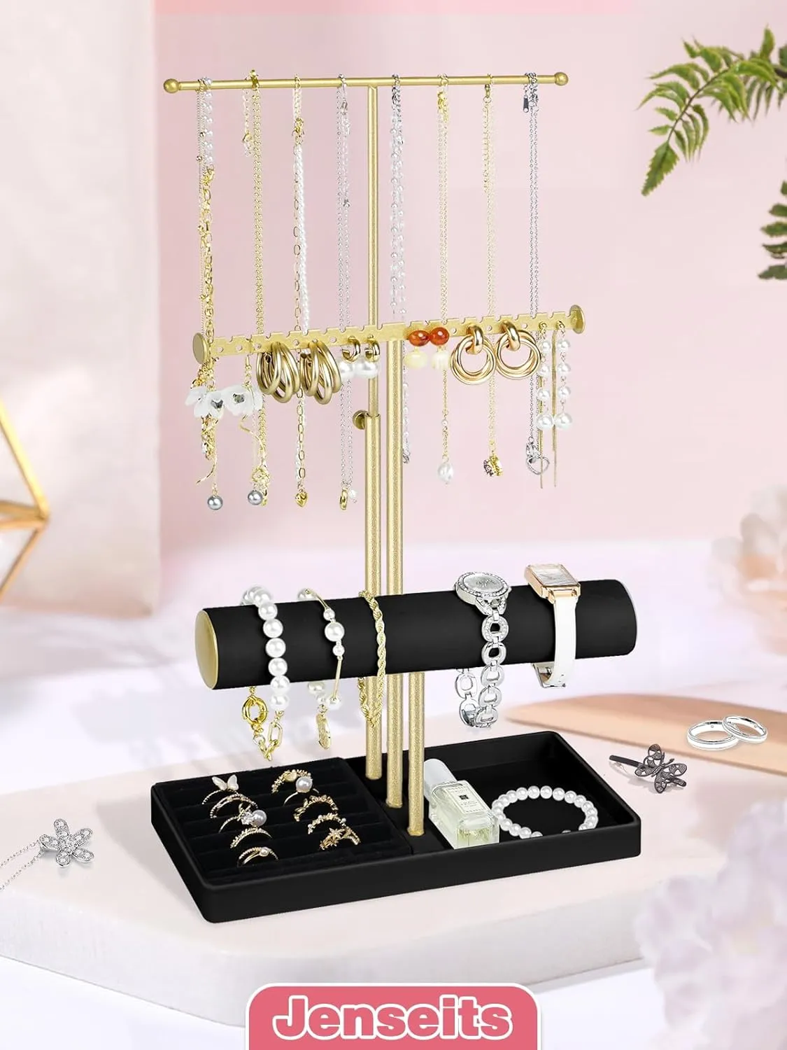 Girl Women Men Room/Dorm Decor-Black Jenseits Jewelry Organizer Holder Stand, 3 Tier Jewelry threat Organizers and Storage w/Bracelet Holder & Velvet Rings Tray, Cute Necklace Holder Hanger Towers Rack for 
