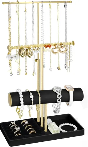 Girl Women Men Room/Dorm Decor-Black Jenseits Jewelry Organizer Holder Stand, 3 Tier Jewelry threat Organizers and Storage w/Bracelet Holder & Velvet Rings Tray, Cute Necklace Holder Hanger Towers Rack for 