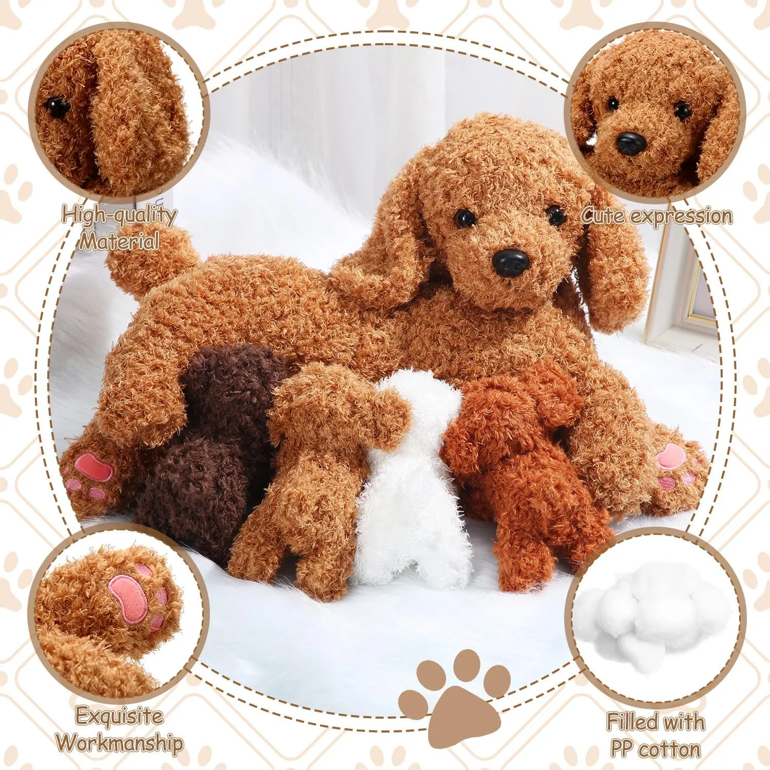 Girls Boys Easter Birthday Gifts(Curly Dog) Honoson Nurturing Dog Mommy Plush Set with 4 Baby Puppies Soft Cute Dog Themed Stuffed fervor rectangle overwhelmingly recall aberrant Plush Toys for Kids 