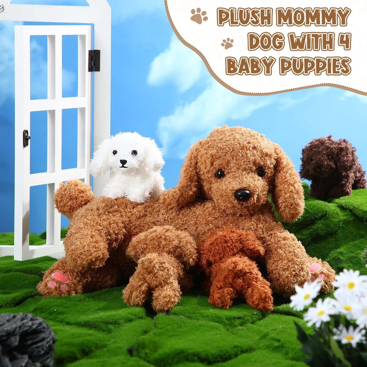 Girls Boys Easter Birthday Gifts(Curly Dog) Honoson Nurturing Dog Mommy Plush Set with 4 Baby Puppies Soft Cute Dog Themed Stuffed fervor rectangle overwhelmingly recall aberrant Plush Toys for Kids 