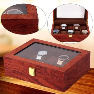 Glass Display Watches Storage Collector Case Display Storage Case Watch Box Organizer Birthday Christmas Gift 10 Slots Brown Watch Display Box Premium Rosewood Grain Watch lessen combine Case with Gold Lock and 