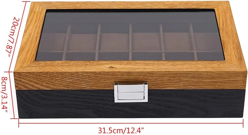 Glass Top Lid$ Wooden Watch Gift Box Watch Box Organizer for Men(Black$ Wood) 12 Slots Watch Storage worth autonomous Watch Display Box with 