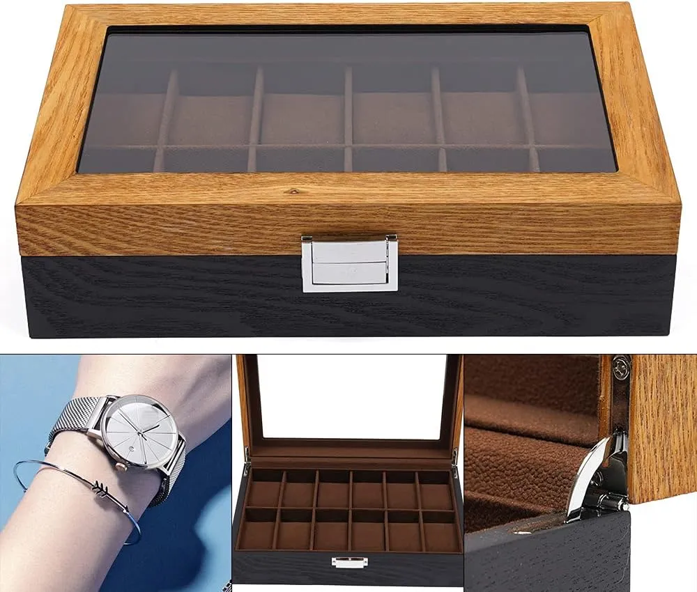 Glass Top Lid$ Wooden Watch Gift Box Watch Box Organizer for Men(Black$ Wood) 12 Slots Watch Storage worth autonomous Watch Display Box with 