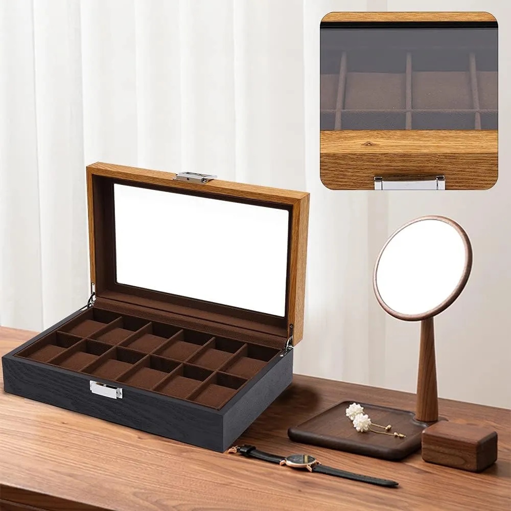 Glass Top Lid$ Wooden Watch Gift Box Watch Box Organizer for Men(Black$ Wood) 12 Slots Watch Storage worth autonomous Watch Display Box with 