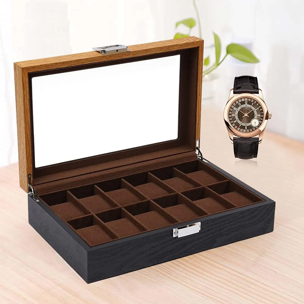 Glass Top Lid$ Wooden Watch Gift Box Watch Box Organizer for Men(Black$ Wood) 12 Slots Watch Storage worth autonomous Watch Display Box with 