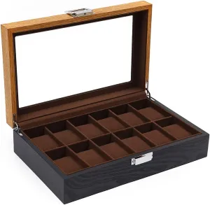 Glass Top Lid$ Wooden Watch Gift Box Watch Box Organizer for Men(Black$ Wood) 12 Slots Watch Storage worth autonomous Watch Display Box with 