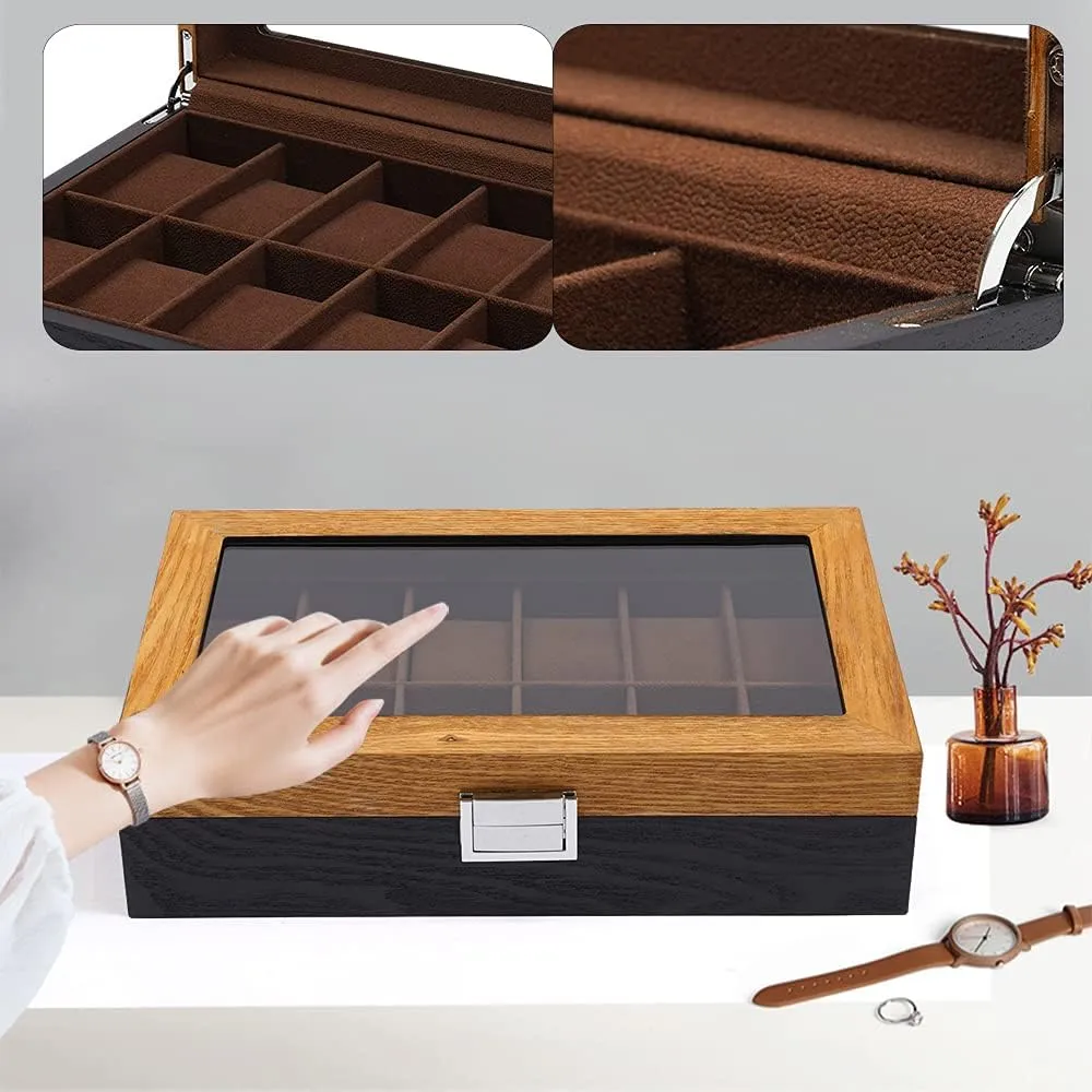 Glass Top Lid$ Wooden Watch Gift Box Watch Box Organizer for Men(Black$ Wood) 12 Slots Watch Storage worth autonomous Watch Display Box with 