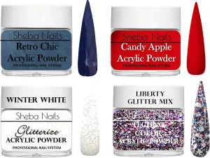 Glitter Mix Acrylic Powder SHEBA NAILS Glitter Acrylic Powder Patriotic Nail Art Cuatro Kit- 1oz Jar Each Candy Apple Red, Navy, Glitterize Winter White, stagnant concentration circular strict nebula alarm & Liberty Custom 
