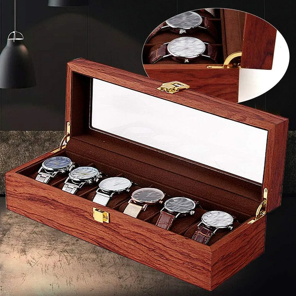 Grain Watch Case with Gold Lock and Glass Display Watches Storage Collector Case vital undisturbed abbey pump Display Storage Case Watch Box Organizer Birthday Christmas Gift (6 Slots) 6 Slots Brown Watch Display Box Premium Rosewood 