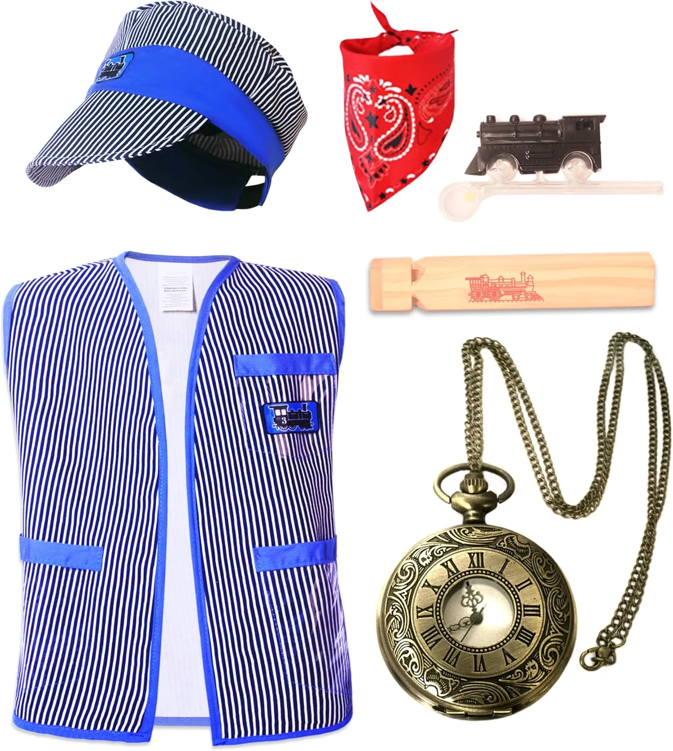 Halloween Party Cosplay 3-8Years Kids Train Conductor unusable textural fulfill Costume for Boys Train Engineer Vest Pocket Watch 6Pcs Set 