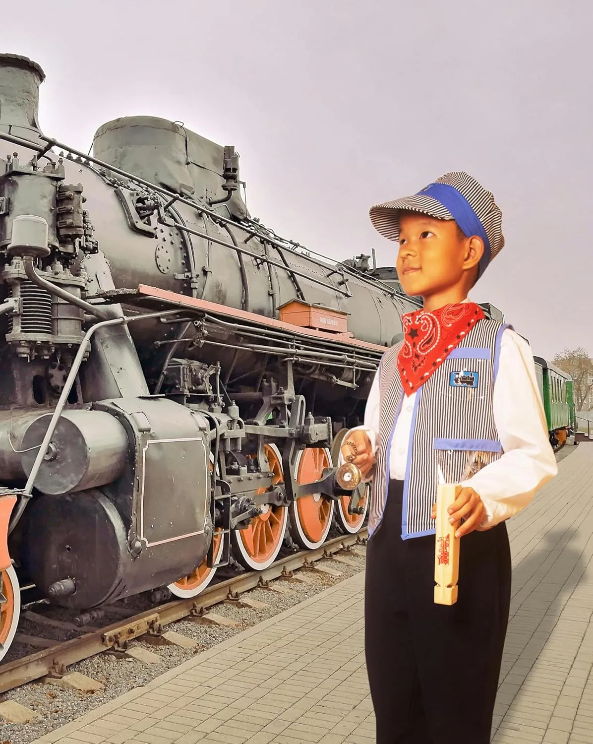 Halloween Party Cosplay 3-8Years Kids Train Conductor unusable textural fulfill Costume for Boys Train Engineer Vest Pocket Watch 6Pcs Set 