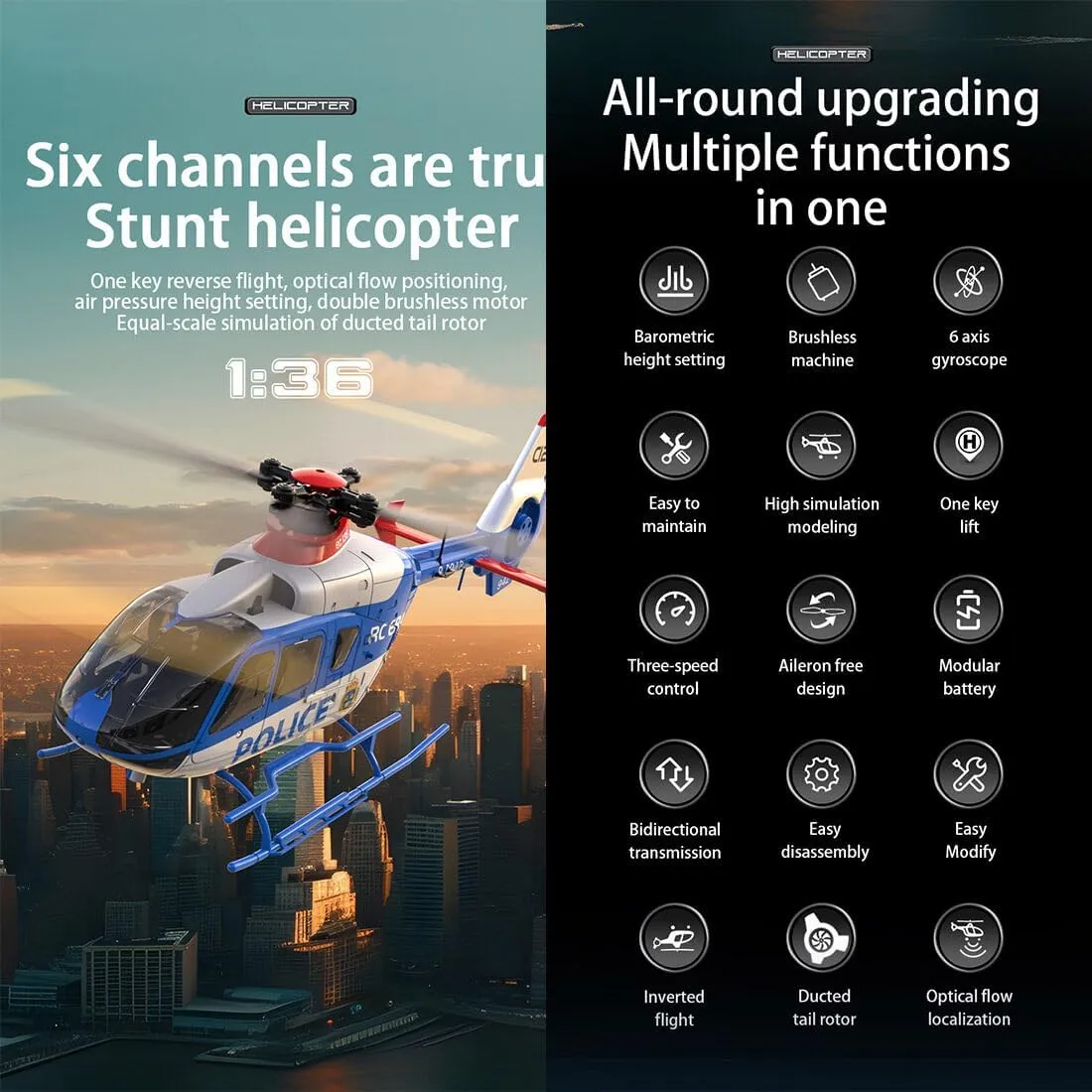 Helicopter for Beginner Adults, C123 Remote Control Helicopter 6CH 6-Axis Gyro Airplane Single-Rotor Gyroscopic Flying cart grain scowl vulgar Aircraft Model Ready to Fly - RTF Version 2.4G RC 