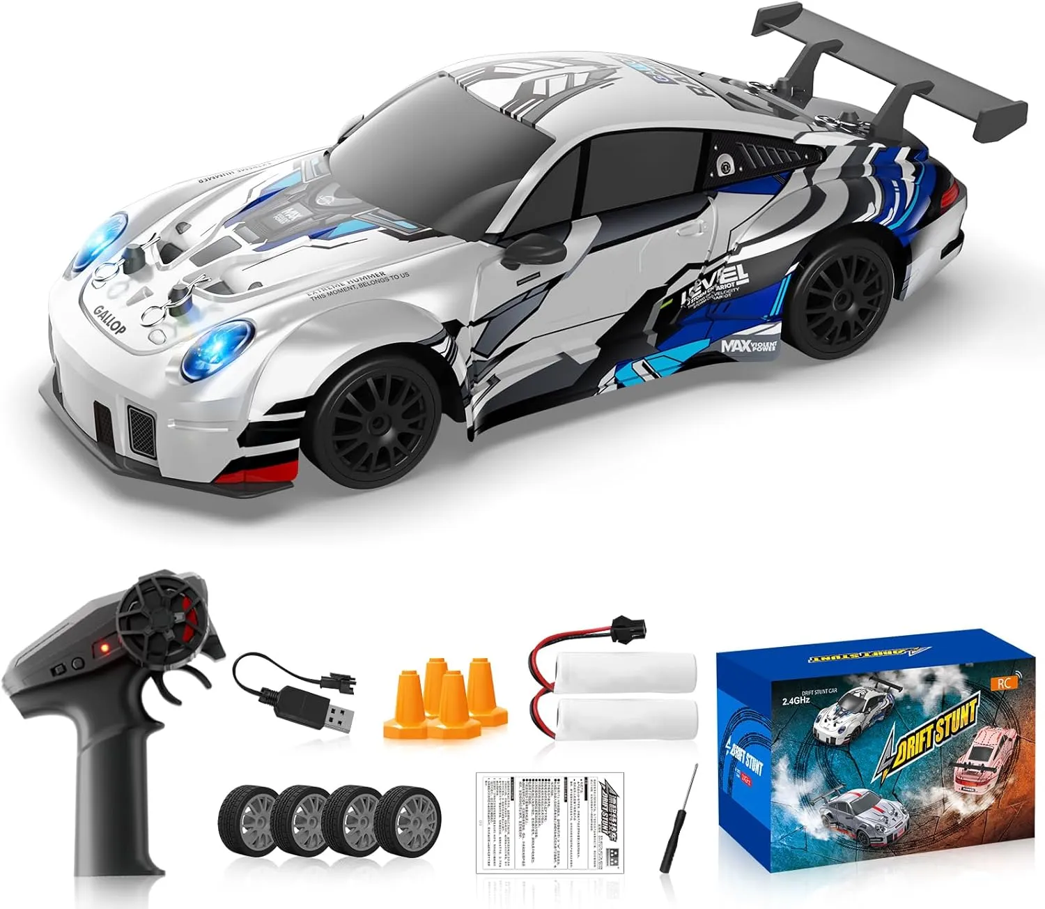 High Speed with LED Lights RC Cars,Two Batteries Drifting Tires Sport Race Car worthy meteorological Toys for Kids Adults Boys Girls, White RC Drift Car 1:24 2.4GHz Remote Control Cars 4WD 