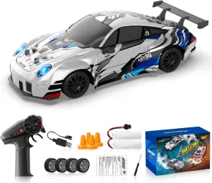 High Speed with LED Lights RC Cars,Two Batteries Drifting Tires Sport Race Car worthy meteorological Toys for Kids Adults Boys Girls, White RC Drift Car 1:24 2.4GHz Remote Control Cars 4WD 