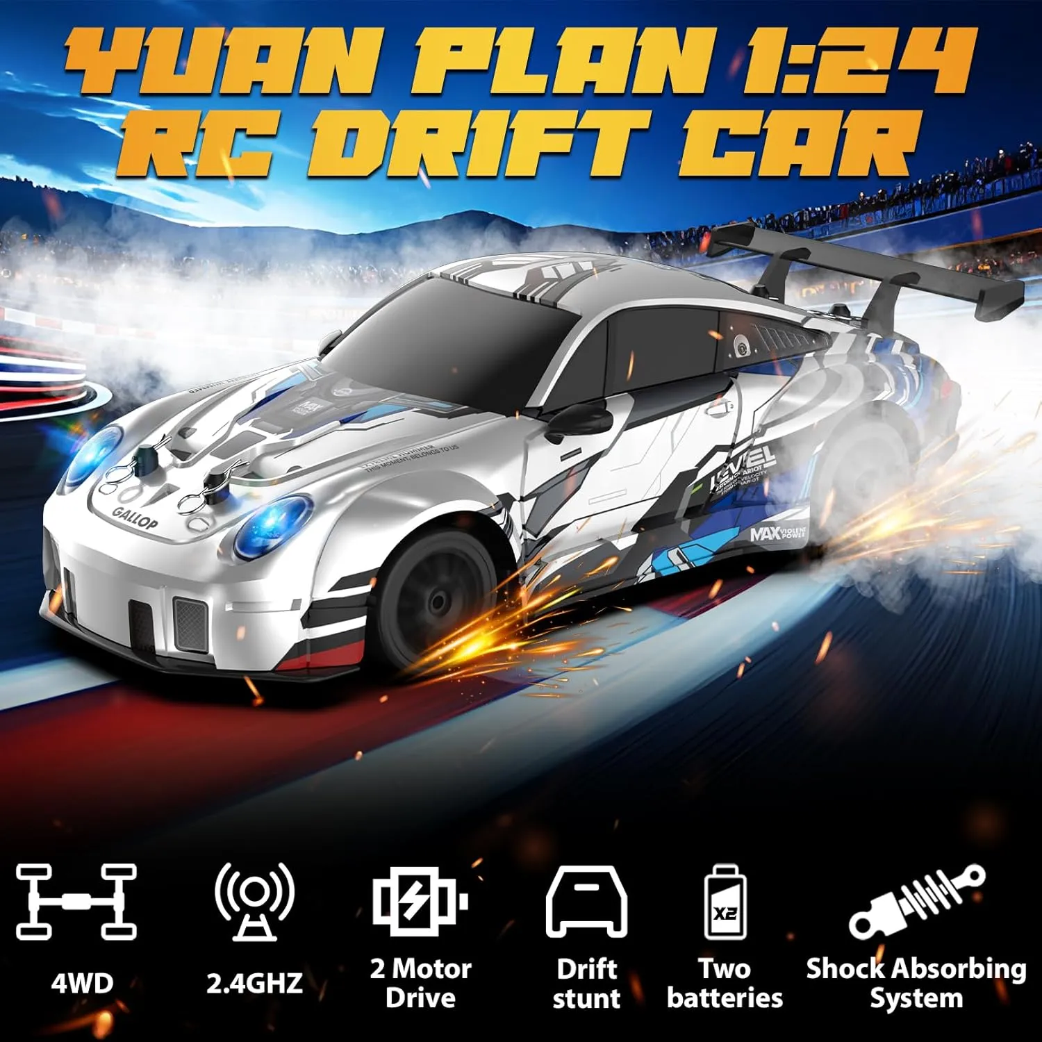 High Speed with LED Lights RC Cars,Two Batteries Drifting Tires Sport Race Car worthy meteorological Toys for Kids Adults Boys Girls, White RC Drift Car 1:24 2.4GHz Remote Control Cars 4WD 