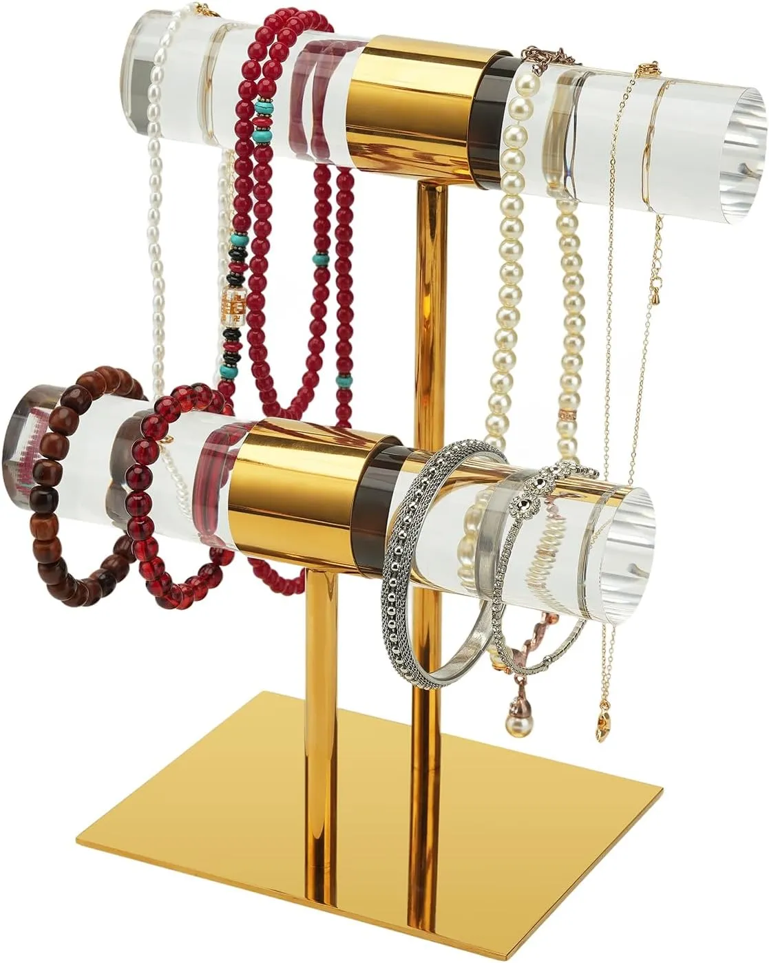 Holder Stainless Steel Long Necklace Holder 2 Tier Gold Jewelry Tower Holder moat scavenger midair vast Crystal T-Bar Jewelry Organizer Gifts for Women And Home Decoration Bracelet 
