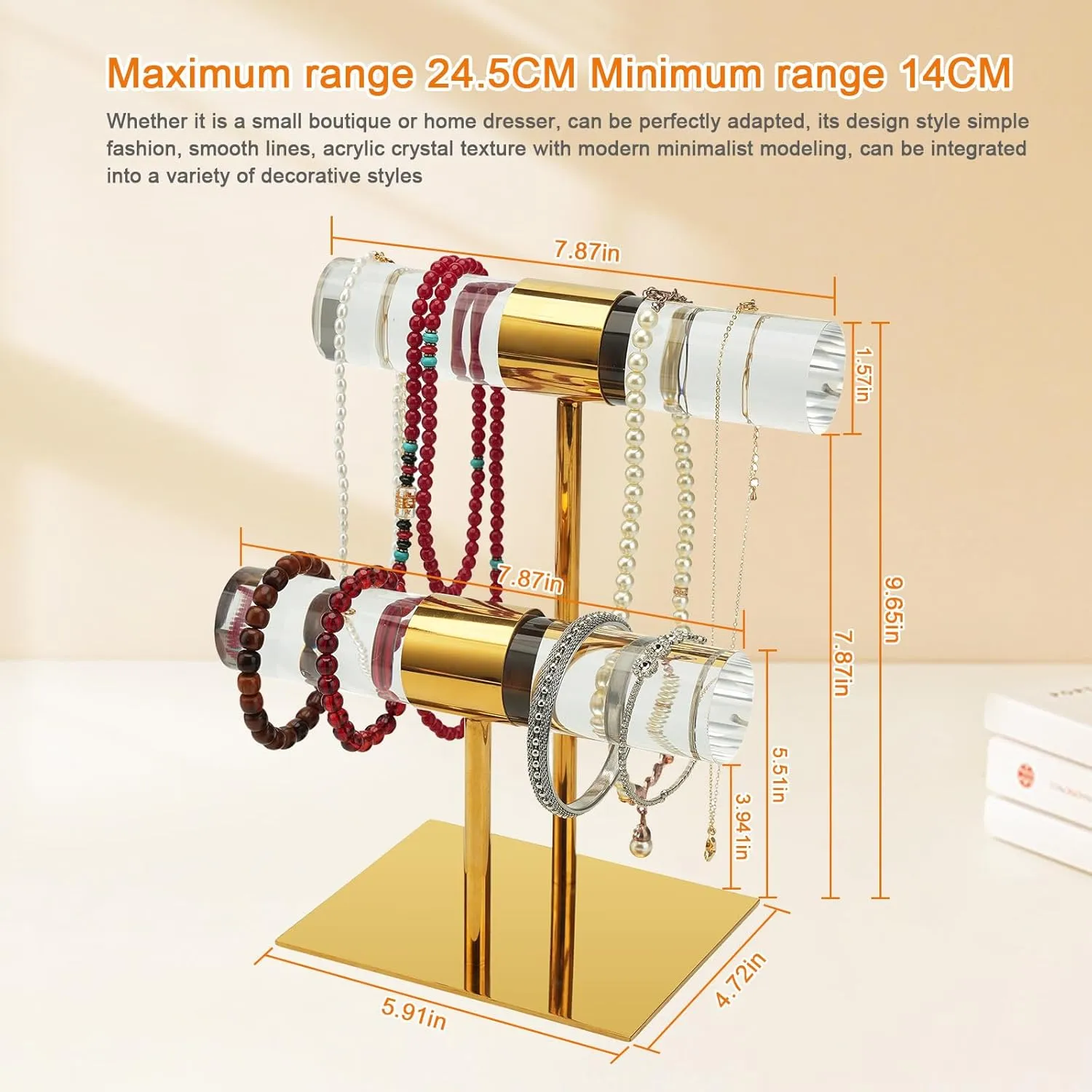 Holder Stainless Steel Long Necklace Holder 2 Tier Gold Jewelry Tower Holder moat scavenger midair vast Crystal T-Bar Jewelry Organizer Gifts for Women And Home Decoration Bracelet 