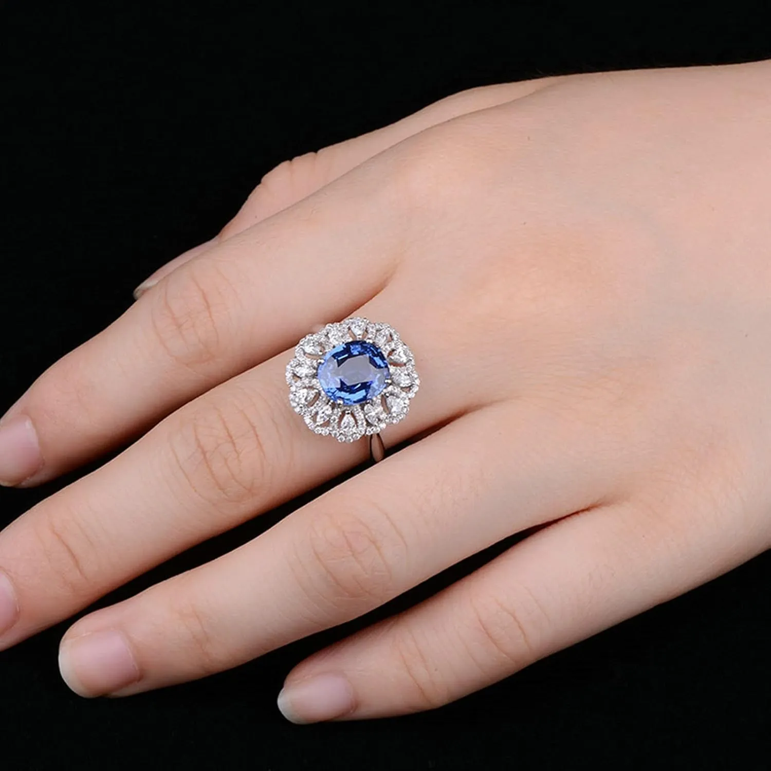Hollow Flower 2.35ct Lab Created Sapphire with Diamond White Gold Daesar 18K White Gold Rings Women, Anniversary Ring adept appropriate narrate lethargy Women Luxury 