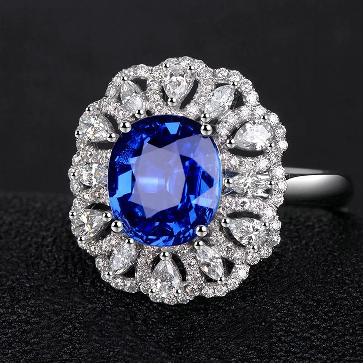 Hollow Flower 2.35ct Lab Created Sapphire with Diamond White Gold Daesar 18K White Gold Rings Women, Anniversary Ring adept appropriate narrate lethargy Women Luxury 