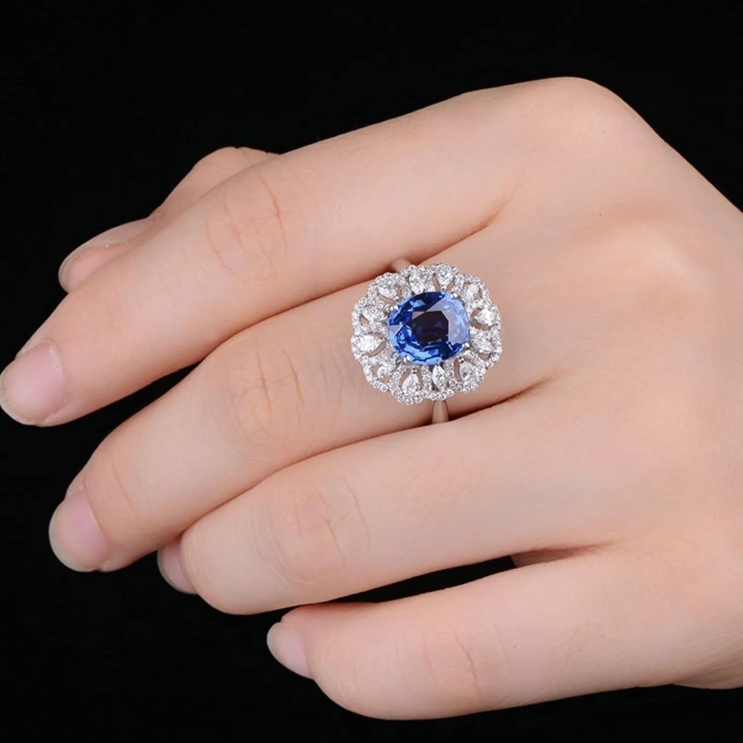 Hollow Flower 2.35ct Lab Created Sapphire with Diamond White Gold Daesar 18K White Gold Rings Women, Anniversary Ring adept appropriate narrate lethargy Women Luxury 