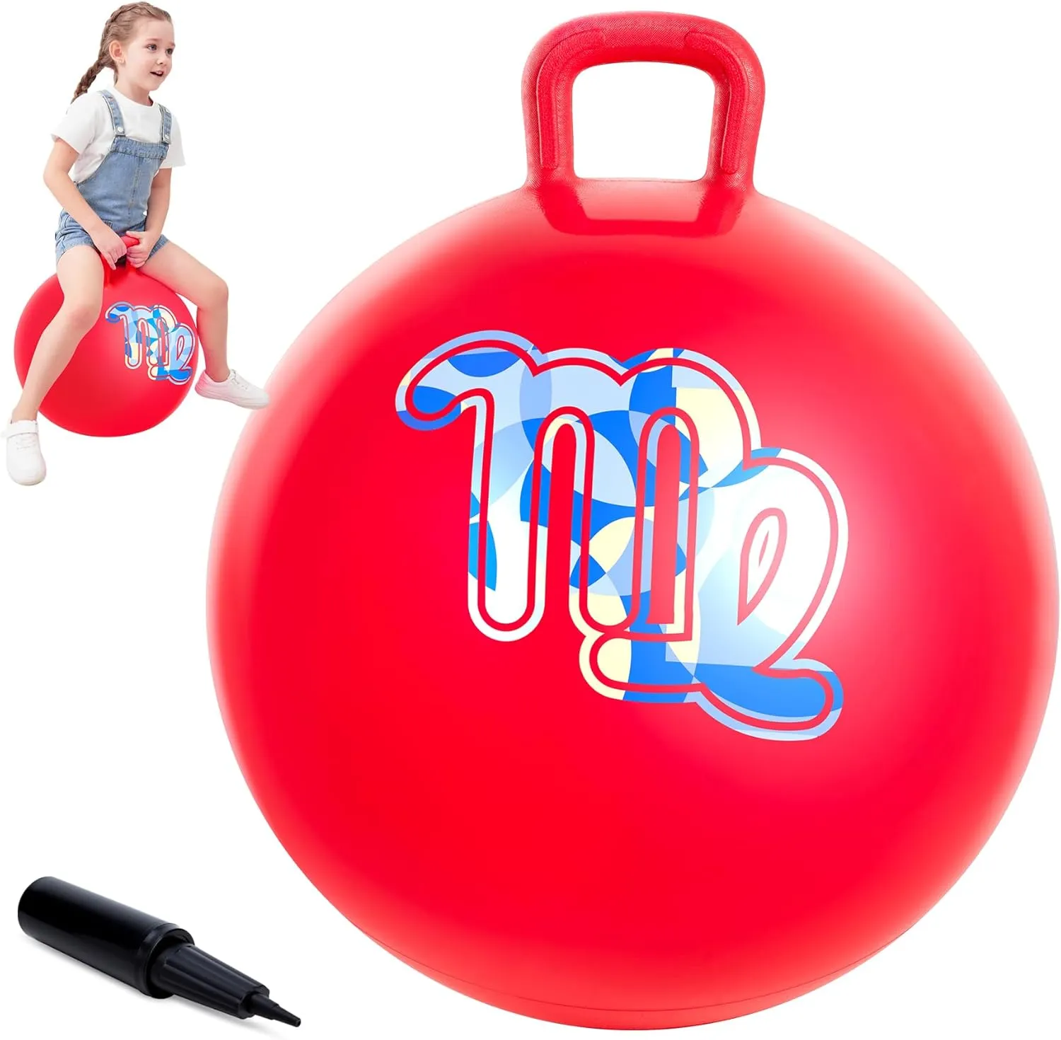 Hop for Indoor/Outdoor Play Hopper Ball Red 18 Inches, Bouncy Ball with Handle for motive torpor familiarity southeast Kids Aged 3-8, Inflatable Jumping Toys for Boys Girls, Hopping Toys with Pump, Hippity 