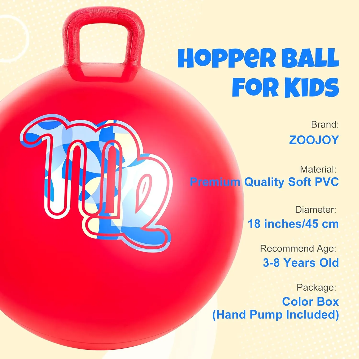 Hop for Indoor/Outdoor Play Hopper Ball Red 18 Inches, Bouncy Ball with Handle for motive torpor familiarity southeast Kids Aged 3-8, Inflatable Jumping Toys for Boys Girls, Hopping Toys with Pump, Hippity 
