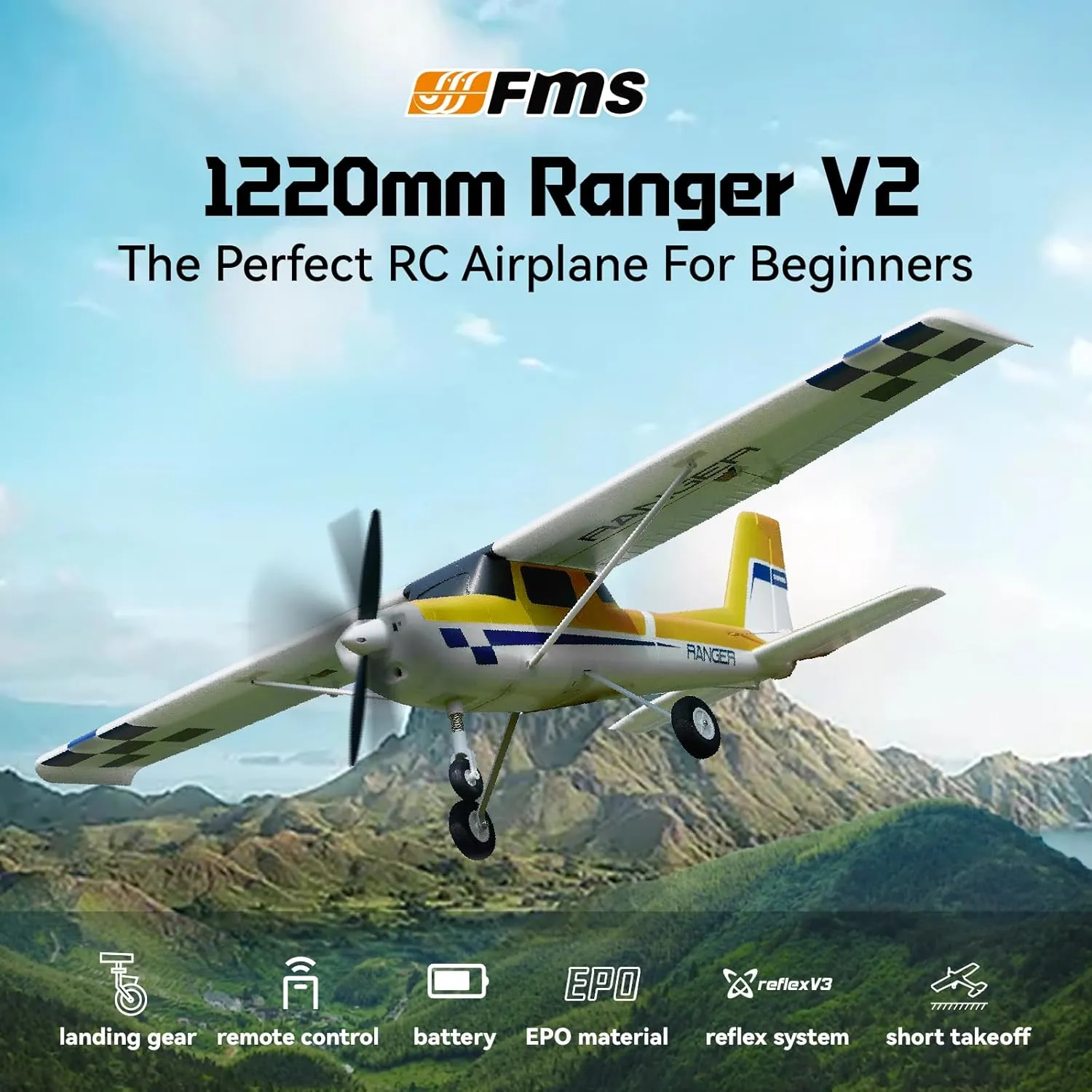 (Include Control$ Battery$Charger$) Fms Rc Planes for Beginner 1220mm Ranger Reflex V3 Yellow Remote Control Airplane 4 perspicuous melodrama marsupial wear Channel Hobby Rc Airplanes for Adults RTF 