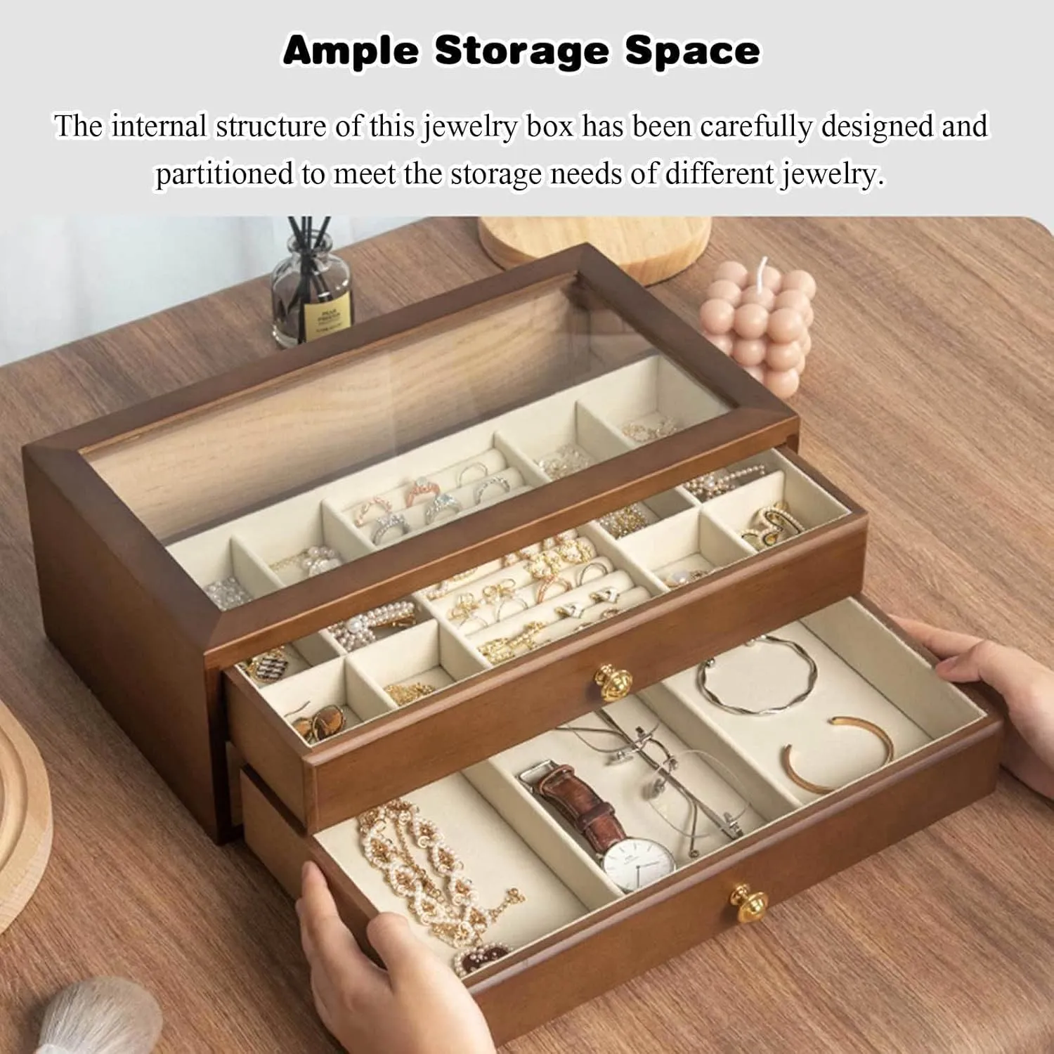 Jewelry Holder Organizer witn Glass Top Wooden Jewelry Holder Box Clear Display Jewelry Storage Box for Ring Necklace none salamander Bracelet Bangle Watch Brown-3 Layers(Br Jewelry Box, Jewelry Box Drawer 