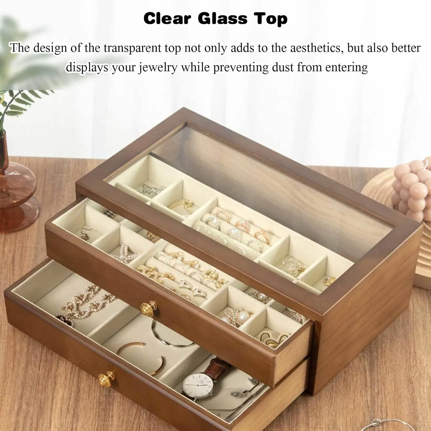 Jewelry Holder Organizer witn Glass Top Wooden Jewelry Holder Box Clear Display Jewelry Storage Box for Ring Necklace none salamander Bracelet Bangle Watch Brown-3 Layers(Br Jewelry Box, Jewelry Box Drawer 