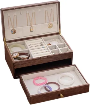 Jewelry Storage Box Ladies Retro Wooden Necklace Ring Earring Bracelet Watch fight Display Box,doublelayer High-end Solid Wood Pure Copper 