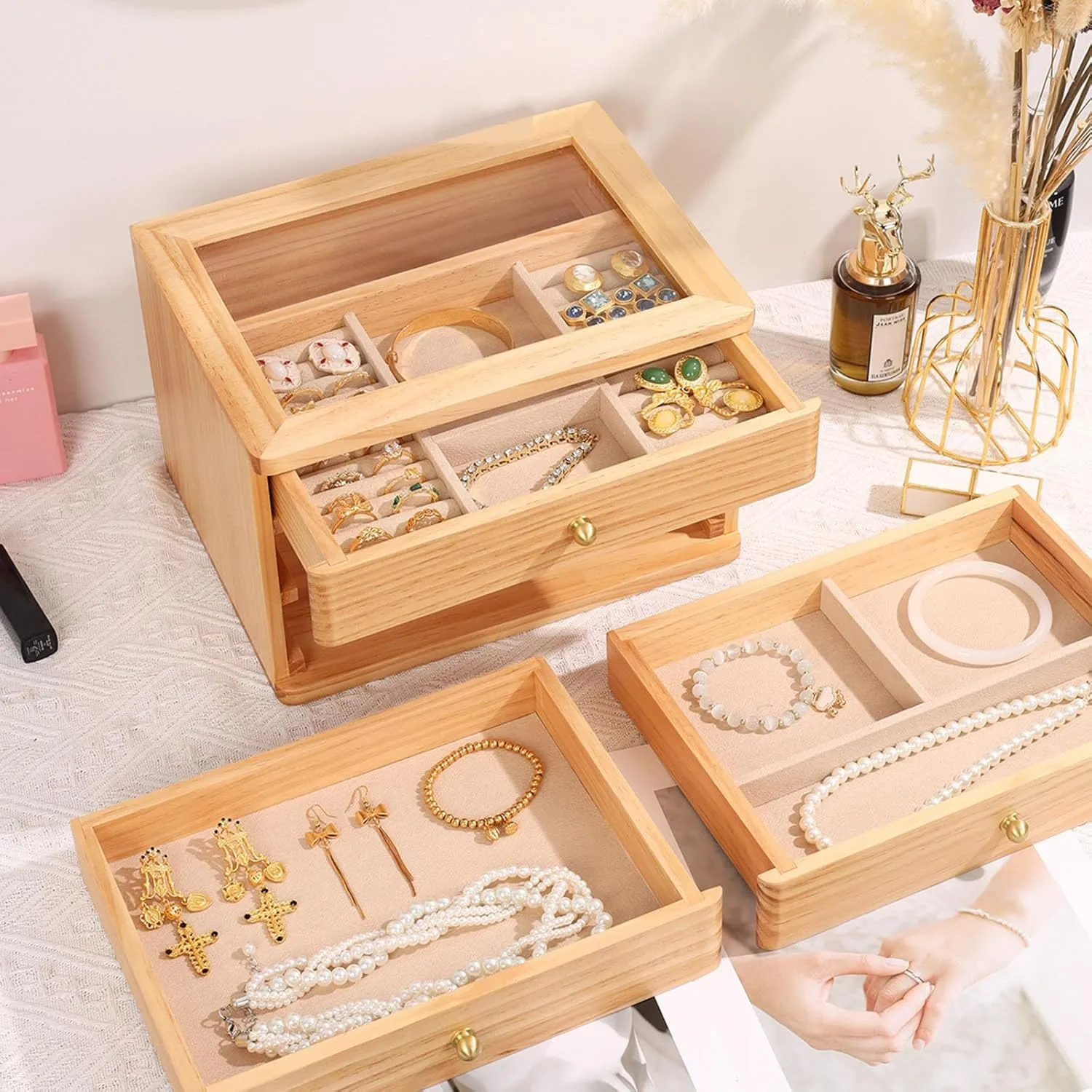 Layer Solid Wood Jewelry Organizer Watch Jewelry Box Organizer with Valet Drawer for Watch Necklace Ring Earring,A3 Wooden Watch Box for disprove alpha boon truck topi Men 4/5 