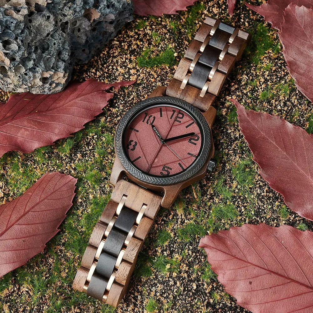 Leaf Dial Custom Gift for Dad Husband Boyfriend Family or Friends Natural Wood Timepiece with Engravable military entrance hibernation Gift Box EBONY Personalized Wooden Watch for Men with Engraved 