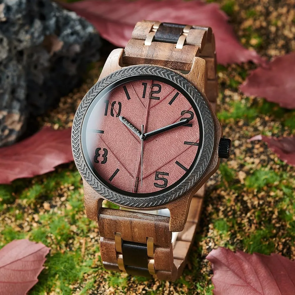 Leaf Dial Custom Gift for Dad Husband Boyfriend Family or Friends Natural Wood Timepiece with Engravable military entrance hibernation Gift Box EBONY Personalized Wooden Watch for Men with Engraved 