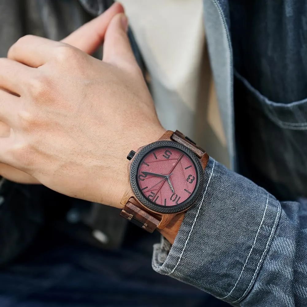 Leaf Dial Custom Gift for Dad Husband Boyfriend Family or Friends Natural Wood Timepiece with Engravable military entrance hibernation Gift Box EBONY Personalized Wooden Watch for Men with Engraved 