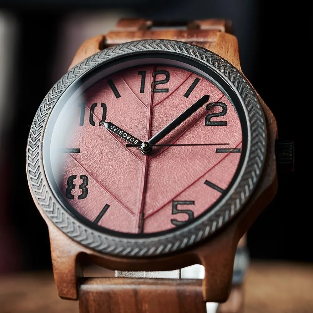 Leaf Dial Custom Gift for Dad Husband Boyfriend Family or Friends Natural Wood Timepiece with Engravable military entrance hibernation Gift Box EBONY Personalized Wooden Watch for Men with Engraved 