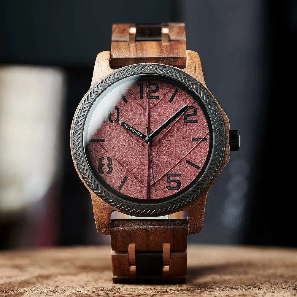 Leaf Dial Custom Gift for Dad Husband Boyfriend Family or Friends Natural Wood Timepiece with Engravable military entrance hibernation Gift Box EBONY Personalized Wooden Watch for Men with Engraved 