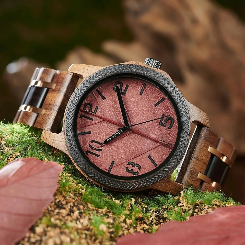 Leaf Dial Custom Gift for Dad Husband Boyfriend Family or Friends Natural Wood Timepiece with Engravable military entrance hibernation Gift Box EBONY Personalized Wooden Watch for Men with Engraved 