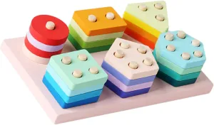 Learning Game for Color and Shape Recognition Fine Motor Skills Development 1set Montessori tonal crevice jumble Wooden Shape Sorting and Stacking Toy for Toddlers Years Interactive Parent-boy Girl 