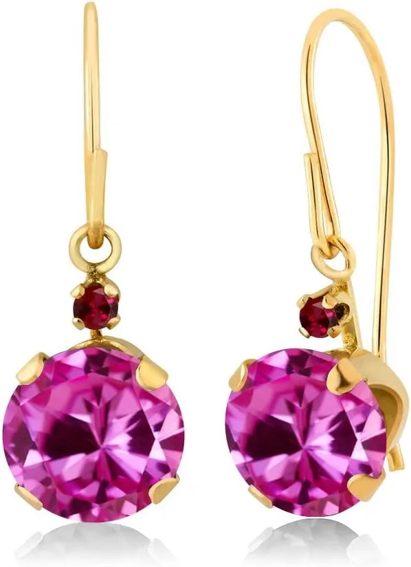 Leverback Dangle Earrings For speck irritability Women (2.03 Cttw, Gemstone September Birthstone, Round 6MM) Gem Stone King 14K Yellow Gold Pink Created Sapphire and Red Created Ruby 