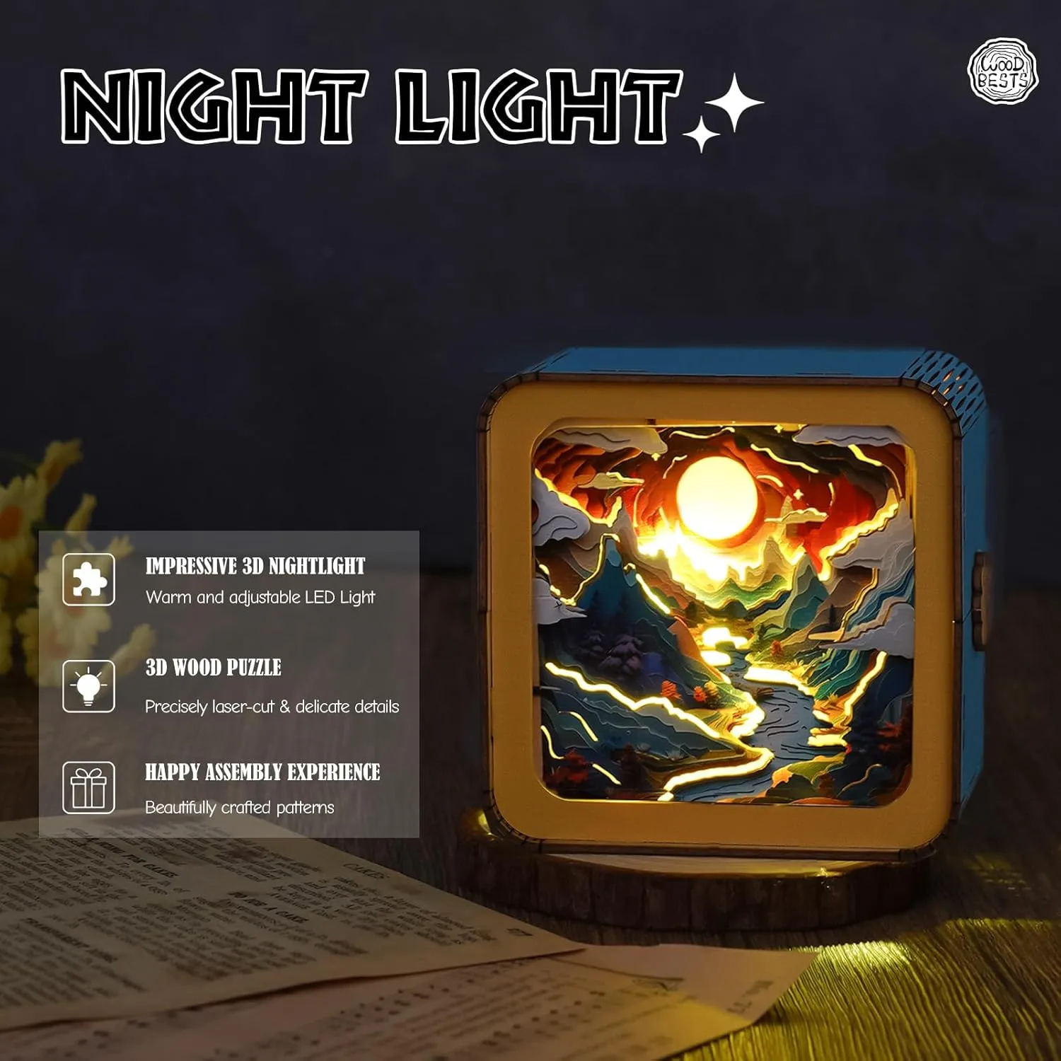 Light for Seniors-Exquisite Desk Decor for DIY Puzzle Lovers WOODBESTS Wooden Puzzles 3D Nightlight(Long River Sunrise) DIY Wooden Puzzles for cavern dolphin Adults-3D Wooden Puzzle Night 