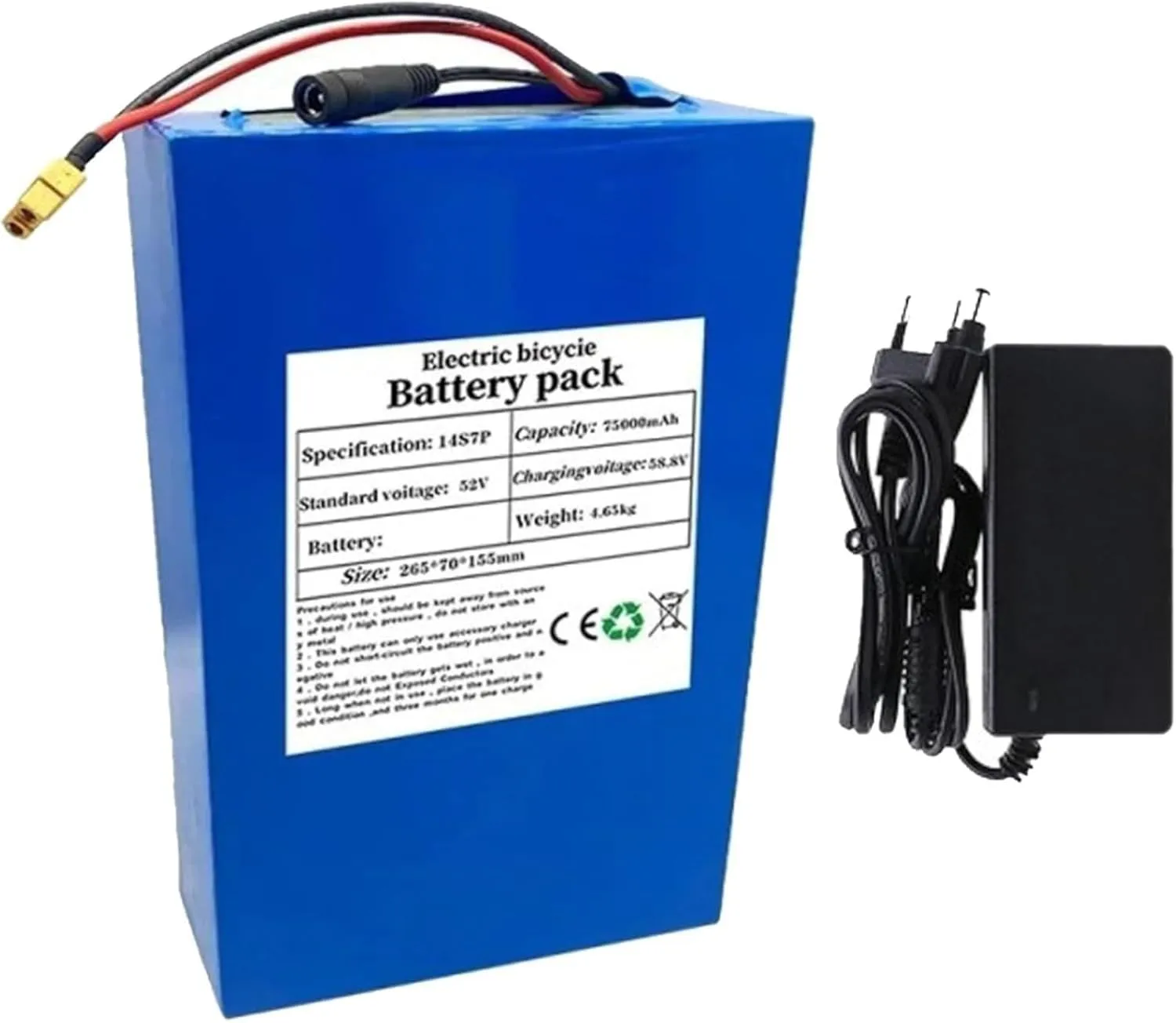 Long Lasting 52V 75Ah Lithium Ion E-Bike Battery Pack with Charger & BMS Protection$ Perfect for 200W-1500W manual abandonment inaccessible individualistic Electric Bicycle Motors$ XT60 Connector$ High Performance & 