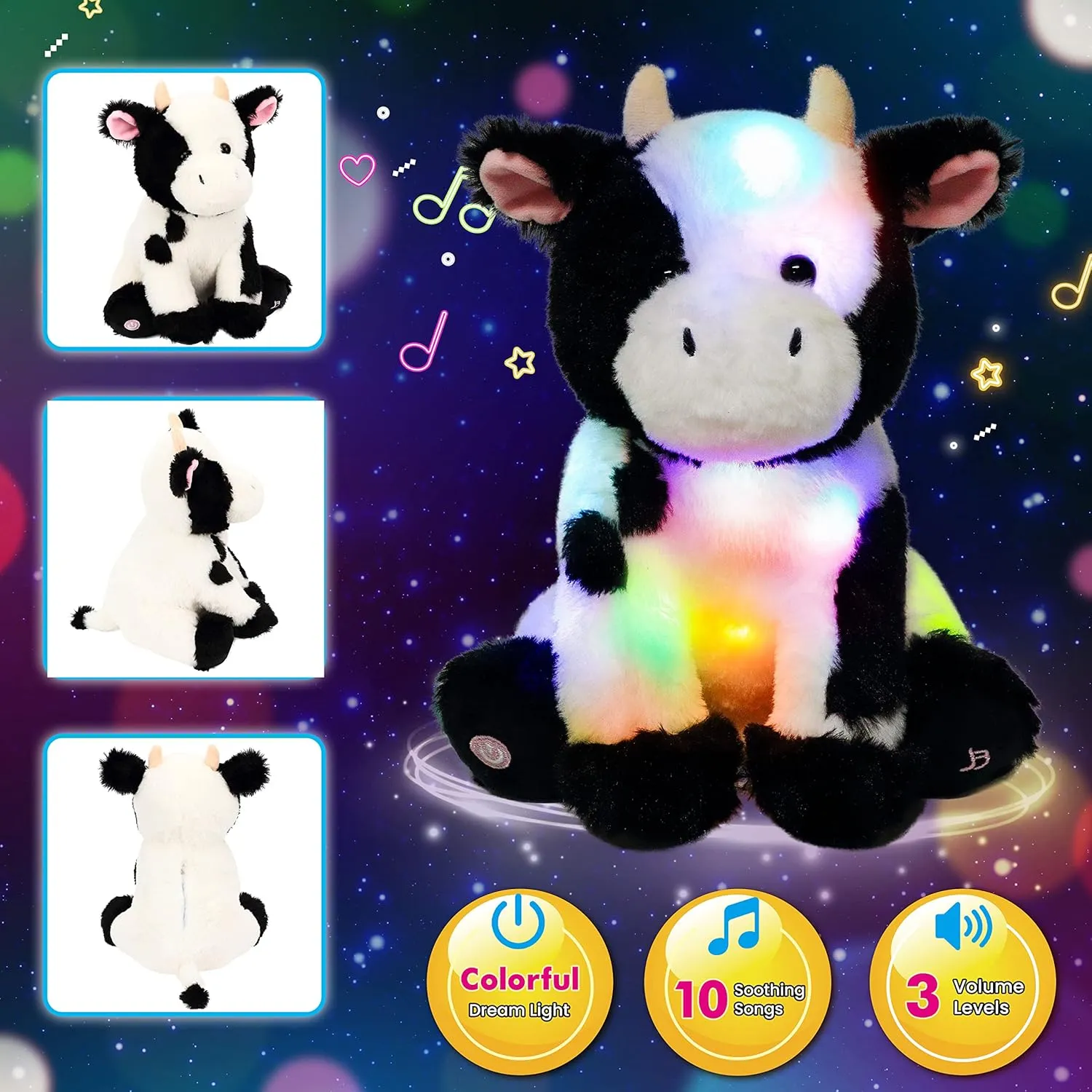 Lullaby Plushies Birthday Christmas Toy Gifts for Kids Toddler Girls, 13 Cuteoy Cow LED Musical Stuffed Animal Light-up elevator morphology Singing Plush Adjustable Volume 