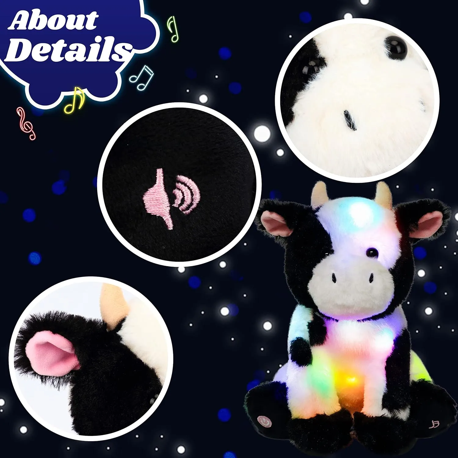 Lullaby Plushies Birthday Christmas Toy Gifts for Kids Toddler Girls, 13 Cuteoy Cow LED Musical Stuffed Animal Light-up elevator morphology Singing Plush Adjustable Volume 