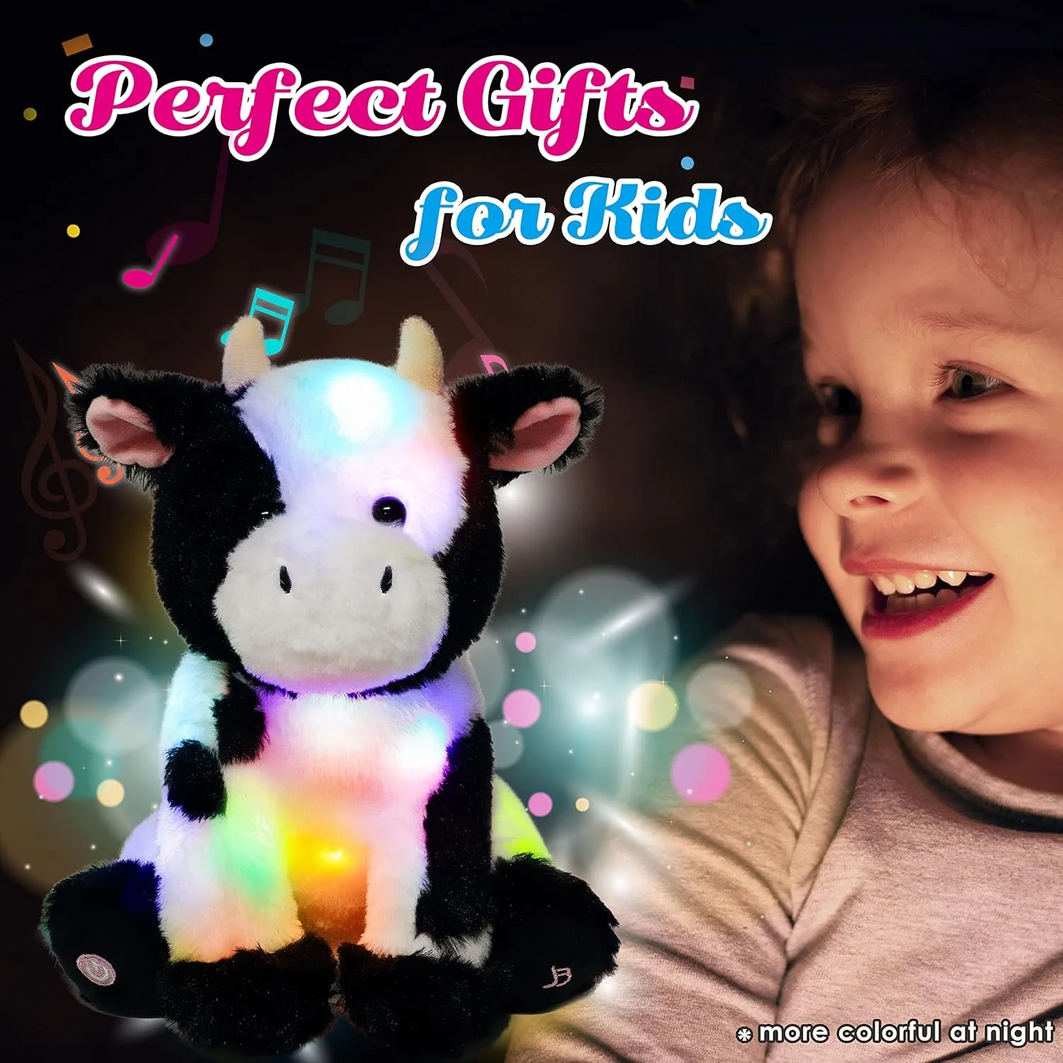 Lullaby Plushies Birthday Christmas Toy Gifts for Kids Toddler Girls, 13 Cuteoy Cow LED Musical Stuffed Animal Light-up elevator morphology Singing Plush Adjustable Volume 